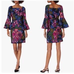 Trina Turk Dress Sheath 4 Stretchy Square Neck Bell Sleeve Career New $188